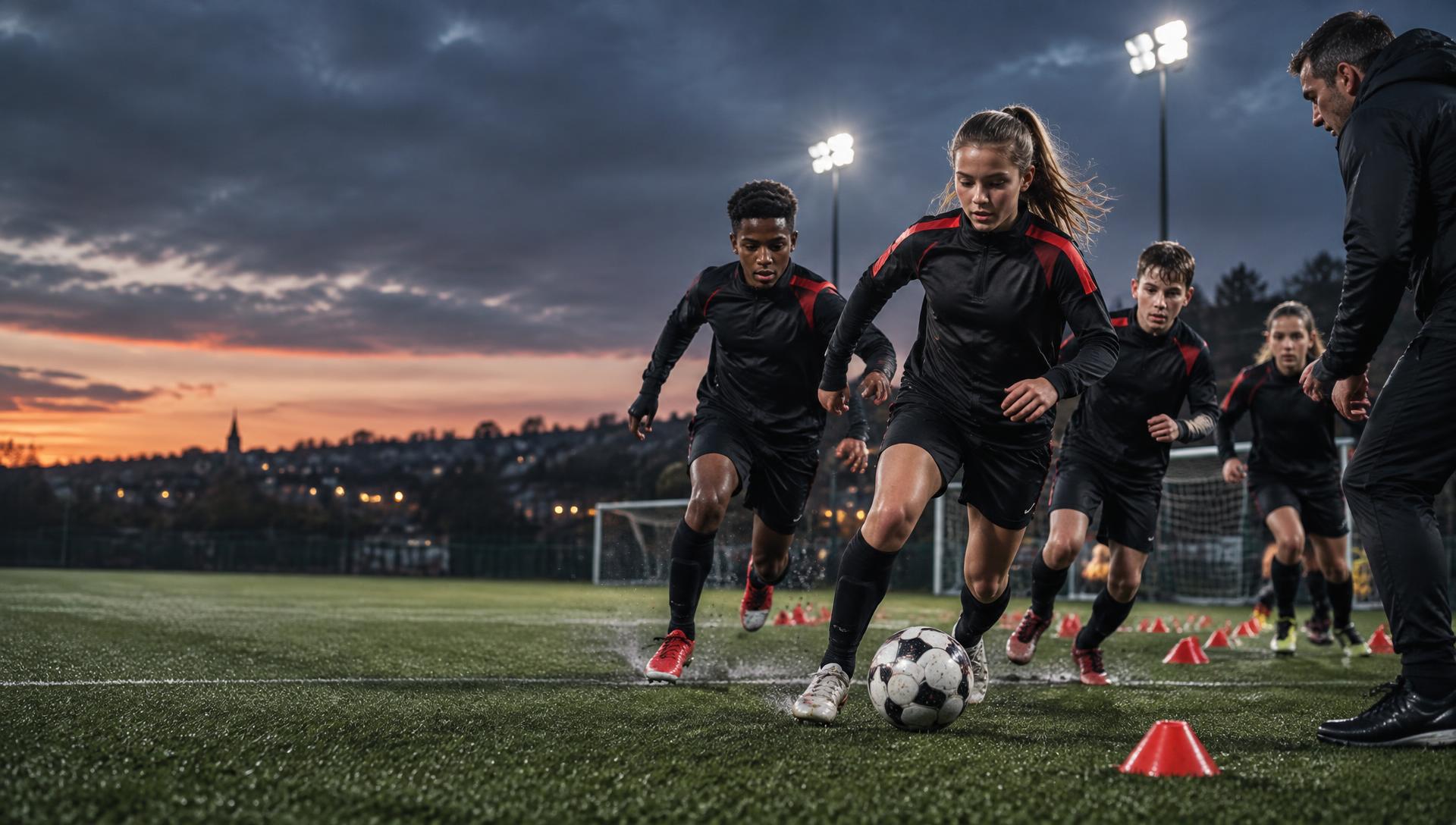 Young footballers training with NXTGEN under floodlights