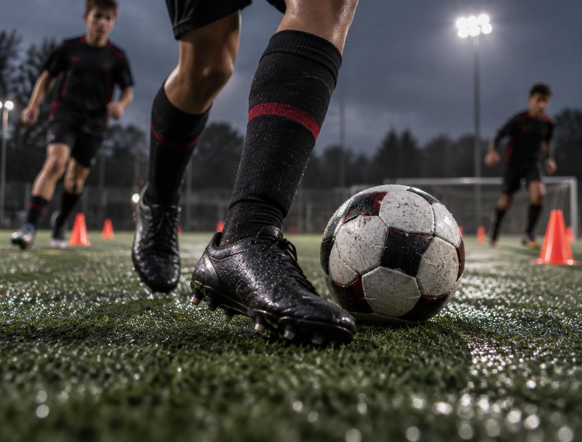 Close-up football training drill under floodlights